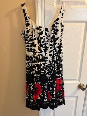 Nine West Black & White Midi Dress with Red Floral Detail